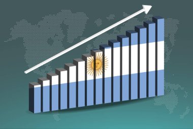 Arjantin 3D bar grafik vektörü, yükselen veri okları, ülke istatistik kavramı, Arjantin bayrağı 3D bar grafiğinde, yükselen değerler, haber afişi fikri