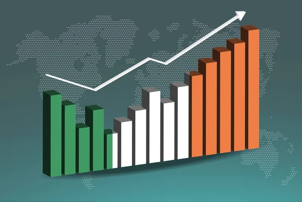 İrlanda 3D bar tablosu grafiği, iniş çıkışlar, yükselen değerler, yükselen veri üzerindeki İrlanda bayrağı, haber afişi fikri, gelişmekte olan ülke konsepti