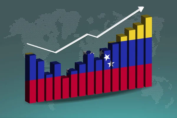 Stock vector Venezuela 3D bar chart graph with ups and downs, increasing values, Venezuela country flag on 3D bar graph, upward rising arrow on data, news banner idea, developing country concept