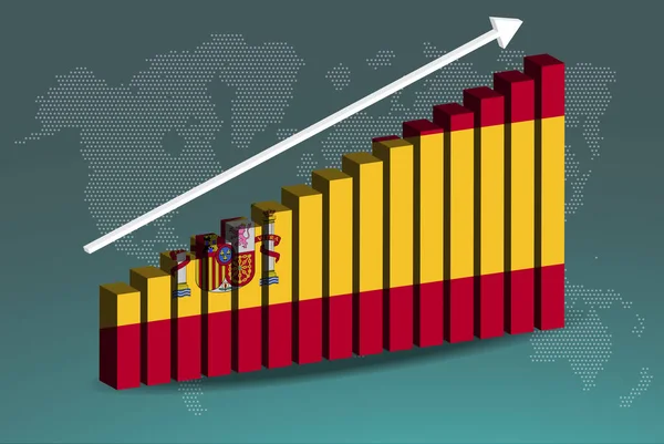 西班牙3D条形图矢量 向上上升的数据箭头 国家统计概念 西班牙国旗在3D条形图上 新闻横幅理念 — 图库矢量图片