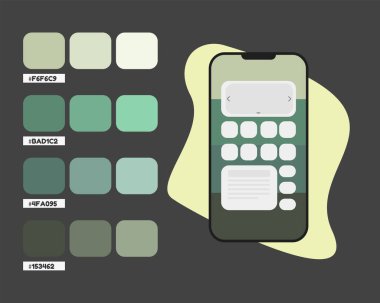 Yeşil mobil uygulama renk paleti, mobil uygulama için RGB renk kodları, soğuk renk kataloğu, tasarım ve düzenleme fikri, renk eşleştirmesi, cep telefonu uygulaması için uyumlu renk paleti örneği