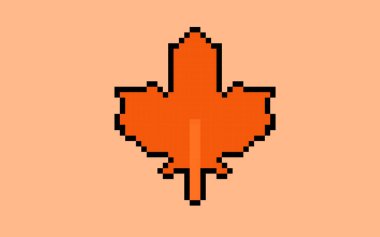 Akçaağaç yaprağı pikseli resim vektörü, 8-bit konsept, renkli doğa fikri, pikselli sanat akçaağaç yaprağı, turuncu arka planda izole edilmiş, düz vektör tasarımı, animasyon ve video oyunu varlığı