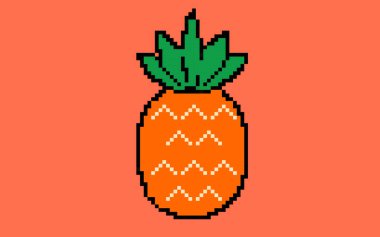 Ananas pikseli tarzı illüstrasyon vektörü, 8-bit konsept, renkli tropikal fikir, pikselli sanat ananası, turuncu arka planda izole edilmiş, düz vektör tasarımı, animasyon ve video oyunu varlığı