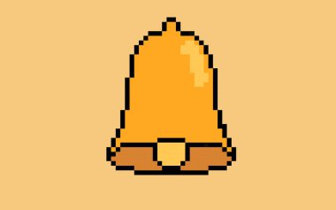 Eski tarz çan pikseli illüstrasyon vektörü, 8-bit konsept, renkli bildirim fikri, pikselli sanat çanı, turuncu arka planda izole edilmiş, düz vektör tasarımı, animasyon ve video oyunu varlığı