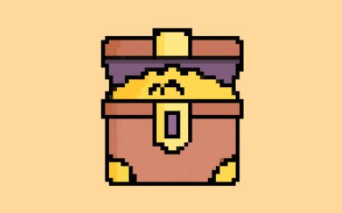 Hazine göğüs pikseli çizim vektörü, 8-bit konsept, renkli ödül fikri, pikselli sanat sandığı, turuncu arka planda izole edilmiş, düz vektör tasarımı, animasyon ve video oyunu varlığı