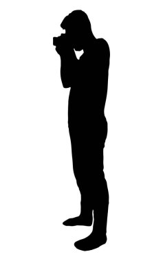 Kamera vektör silueti ile fotoğraf çeken adam, beyaz arka planda izole edilmiş, siyah renk, gölge fikri, turist ve seyahat konseptiyle dolu