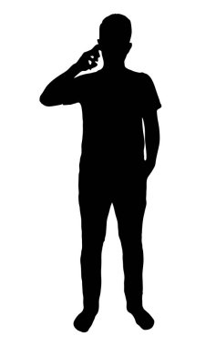 Telefon görüşmesi vektör silueti yapan adam, cep telefonlu kişi, beyaz arka planda izole edilmiş, siyah renk, gölge fikri, iletişim konsepti ile doldurulmuş