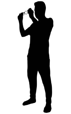 Gözlüklü vektör silueti takan adam, beyaz arka planda izole edilmiş, siyah renkle doldurulmuş genç adam, gölge fikri, gözlüklü çocuk.