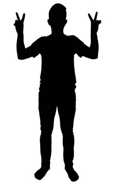 Zafer işareti yapan adam iki elle vektör silueti, barış ve zafer, beyaz arka planda izole edilmiş, siyah renk, gölge fikri, işaret ve sembol kavramı ile dolu