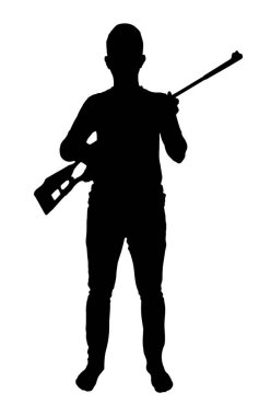 Tüfek vektör silueti tutan adam, beyaz arka planda izole edilmiş, siyah renk, gölge fikri, avcı konsepti ile dolu.