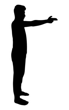 Beyaz arka planda izole edilmiş, siyah renk, gölge fikri, şiddet kavramı ile dolu parmak tabancası vektör silüeti, işaret ve sembolü ile nişan alan adam.