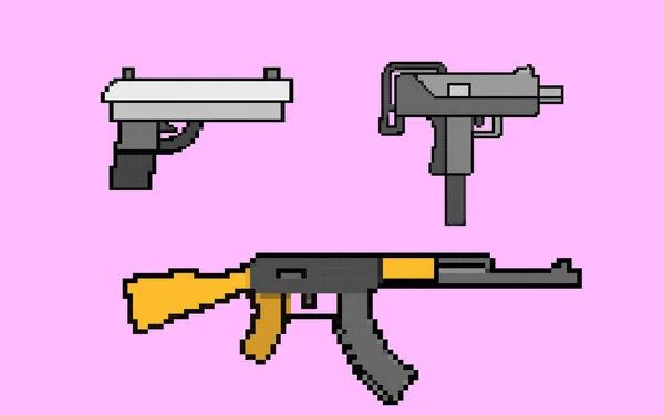 Pistola Fucile Pixel Stile Illustrazione Vettoriale Set Concetto Bit Idea — Vettoriale Stock