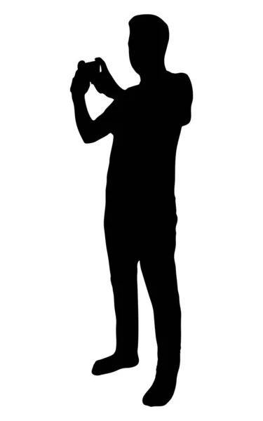 Mężczyzna Robi Zdjęcie Sylwetką Wektora Telefonu Komórkowego Odizolowany Białym Tle — Wektor stockowy