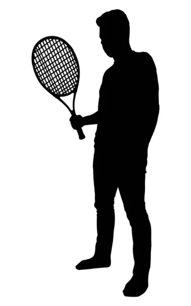 男は白い背景に隔離されたテニスラケットベクトルシルエットを保持し 黒の色でいっぱい 影のアイデア テニスのコンセプトをプレイ — ストックベクタ