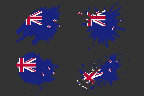 ニュージーランドのフラグブラシスプラッシュベクトルセット 国のロゴ資産 ペイントグランジイラストのコンセプト ニュージーランドのフラグブラシストロークグランジ効果 水スプラッシュマスク 創造的な国のフラグのロゴのアイデア — ストックベクタ