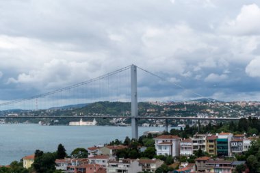 İstanbul Boğazı ile Marmara köprüsü ve deniz kenarındaki renkli binalar, mavi deniz ve bulutlu gökyüzü, Boğaz büyük köprüsü, İstanbul 'daki şehir manzarası görüntüleri, Asya ve Avrupa kıtalarının bağlantısı