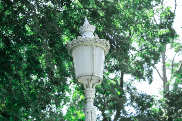 White retro garden lamp with green trees in background, park and outdoor concept, decorative street lamp in forest, old white lantern, nature and forest with daylight