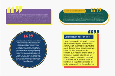 4 farklı renkli alıntı şablonu, kare ve çember tırnak işaretleri kutusu, pankart ve tasarım konsepti, vektör tırnak işareti alanı, çok renkli tırnak deseni