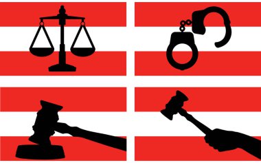 Avusturya bayrağı adalet vektörü silueti, yargıç tokmak çekici ve adalet ve kelepçe silueti ülke bayrağı, Avusturya hukuk konsepti, tasarım varlığı, özgürlük fikri