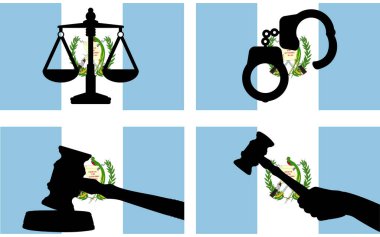 Guatemala bayrağı, adalet vektörü silueti, yargıç tokmak çekici ve adalet terazisi ve ülke bayrağı üzerindeki kelepçe silueti, Guatemala hukuk konsepti, tasarım değeri, özgürlük fikri