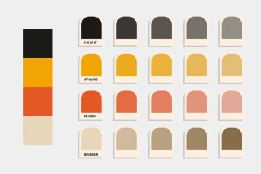 Siyah sarı turuncu kahverengi renk paleti, klasik renk kataloğu, renk eşleştirmesi, rgb pantolon rengi, uyumlu renk palet örneği, tasarım ve düzenleme fikri, uyumlu renk kodları