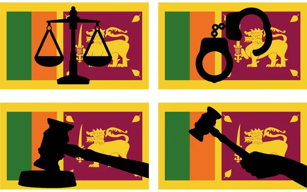 Sri Lanka Flagge Mit Gerechtigkeitsvektorsilhouette Richterhammer Und Justizwaage Und Handschellen — Stockvektor