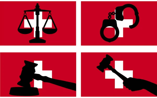 Schweizflagge Mit Justizvektorsilhouette Richterhammer Und Justizwaage Und Handschellen Silhouette Auf — Stockvektor