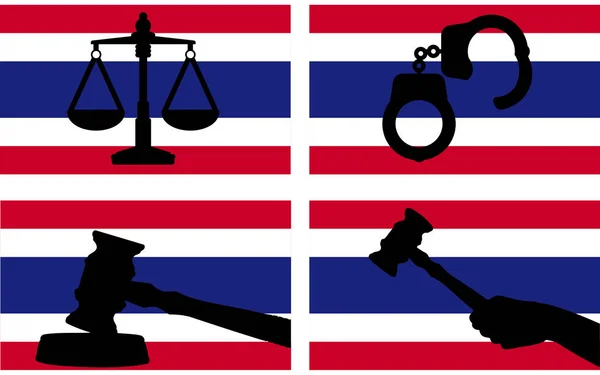 Thailand Flagge Mit Gerechtigkeitsvektorsilhouette Richter Hammer Und Waage Der Gerechtigkeit — Stockvektor