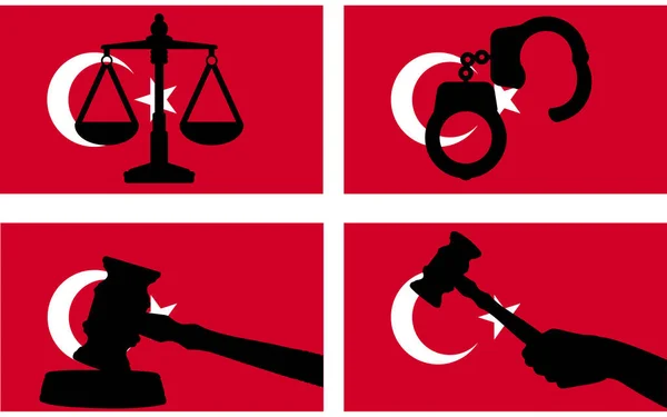 Türkei Flagge Mit Justiz Vektorsilhouette Richter Hammer Und Justizwaage Und — Stockvektor