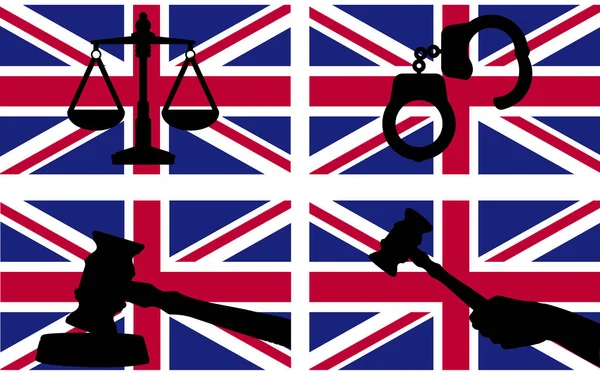 Ηνωμένο Βασίλειο Σημαία Δικαιοσύνη Διάνυσμα Σιλουέτα Δικαστής Σφυρί Σφυρί Και — Διανυσματικό Αρχείο