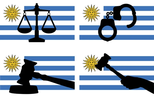 Uruguay Flagge Mit Justizvektorsilhouette Richterhammer Und Justizwaage Und Handschellen Silhouette — Stockvektor