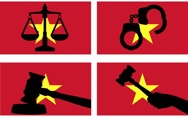 Vietnam Flagge Mit Gerechtigkeitsvektorsilhouette Richtergabel Hammer Und Waage Der Gerechtigkeit — Stockvektor