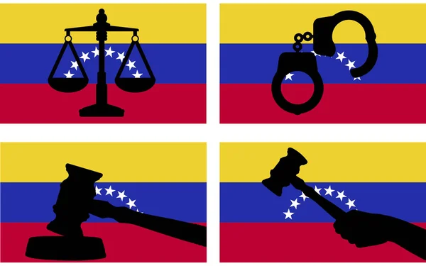 Venezuela Flagge Mit Gerechtigkeitsvektorsilhouette Richter Hammer Und Waage Der Gerechtigkeit — Stockvektor