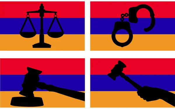 Armenische Flagge Mit Gerechtigkeitsvektorsilhouette Richtergabel Hammer Und Waage Der Gerechtigkeit — Stockvektor