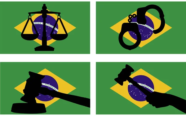 带有司法矢量轮廓的巴西国旗 法官槌和司法尺度以及国旗上的手铐轮廓 巴西法律概念 设计资产 自由理念 — 图库矢量图片