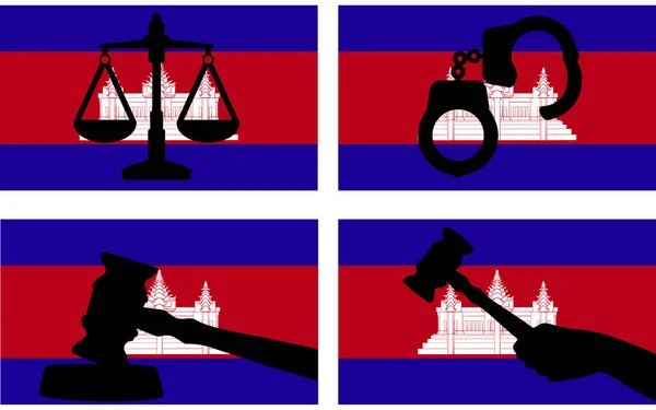Kambodscha Flagge Mit Gerechtigkeitsvektorsilhouette Richtergabel Und Justizwaage Und Handschellen Silhouette — Stockvektor