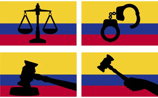 Kolumbien Flagge Mit Gerechtigkeitsvektorsilhouette Richter Hammer Und Waage Der Gerechtigkeit — Stockvektor