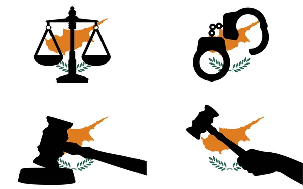 正義のベクトルのシルエットとキプロスのフラグは 国のフラグ キプロスの法律の概念 デザイン資産 自由のアイデアに正義と手錠のシルエットの裁判官のギャベルハンマーとスケール — ストックベクタ