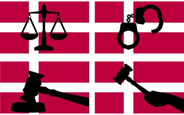 Bandera Dinamarca Con Silueta Vector Justicia Martillo Mazo Juez Escalas — Vector de stock