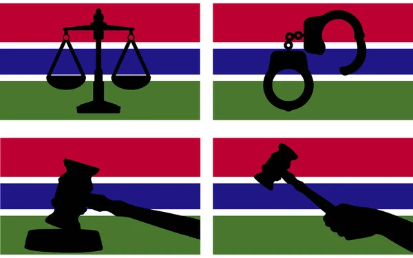 Gambia Flagge Mit Justiz Vektorsilhouette Richter Hammer Und Justizwaage Und — Stockvektor