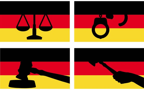 Deutschlandfahne Mit Gerechtigkeitsvektorsilhouette Richterhammer Und Justizwaage Und Handschellen Silhouette Auf — Stockvektor