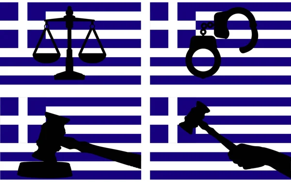 Грецький Прапор Векторним Силуетом Правосуддя Суддівський Молоток Терези Правосуддя Ручного — стоковий вектор