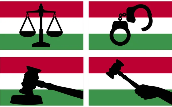 Hungary Flag Justice Vector Silhouette Judge Gavel Hammer Scales Justice — Stock Vector