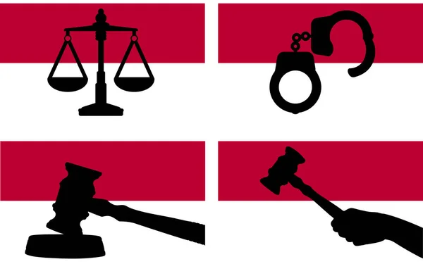 国の旗 インドネシアの法律の概念 デザイン資産 自由のアイデアに正義のベクトルのシルエット 裁判官のギャベルハンマーと正義と手錠のシルエットのスケールとインドネシアのフラグ — ストックベクタ