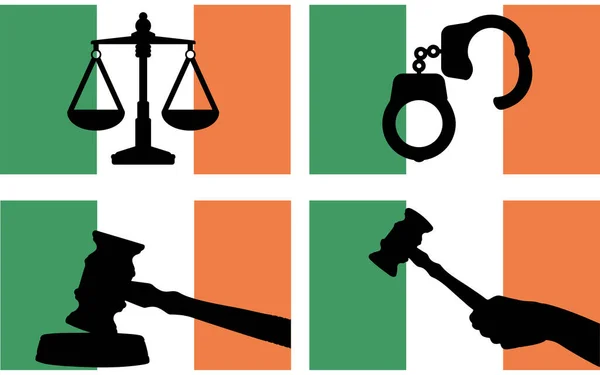 Ιρλανδία Σημαία Silhouette Διάνυσμα Της Δικαιοσύνης Δικαστής Σφυρί Και Κλίμακες — Διανυσματικό Αρχείο