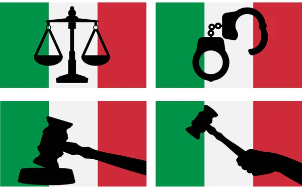 意大利国旗与司法矢量轮廓 法官槌和司法尺度以及国旗上手铐轮廓 意大利法律概念 设计资产 自由理念 — 图库矢量图片