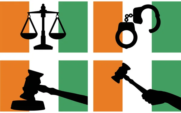 Flagge Der Elfenbeinküste Mit Justizvektorsilhouette Richtergabel Hammer Und Waage Der — Stockvektor