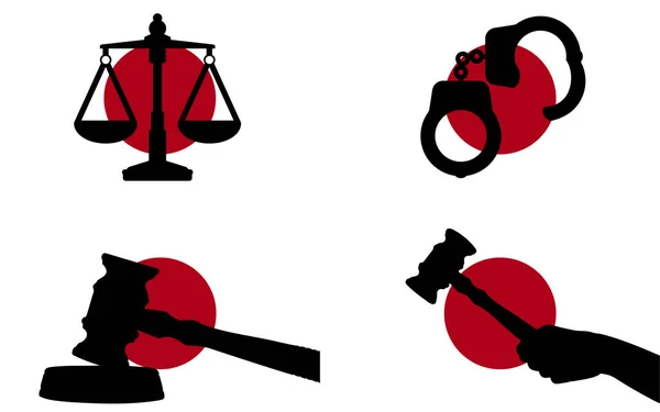 Японский Флаг Векторным Силуэтом Правосудия Молоток Судьи Молотка Весы Правосудия — стоковый вектор