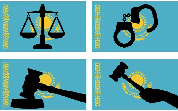 Kasachstan Flagge Mit Gerechtigkeitsvektorsilhouette Richtergabel Hammer Und Waage Der Gerechtigkeit — Stockvektor