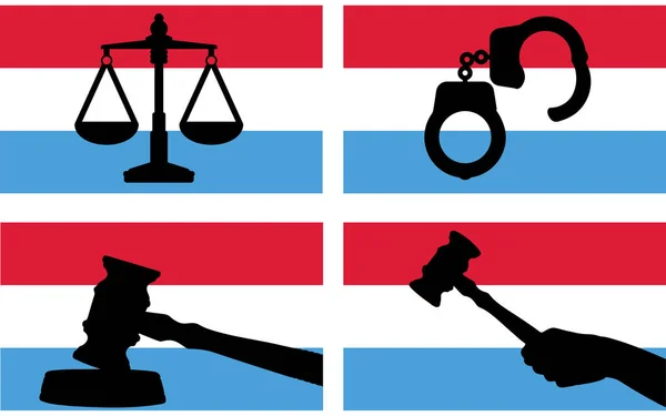 Luxemburger Flagge Mit Justiz Vektorsilhouette Richterhammer Und Justizwaage Und Handschellen — Stockvektor